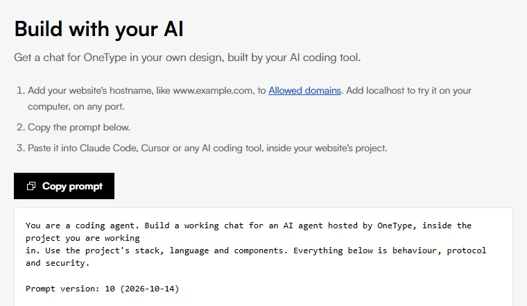 Build with your AI in the OneType app: three steps, Copy prompt, and the start of the ready prompt.