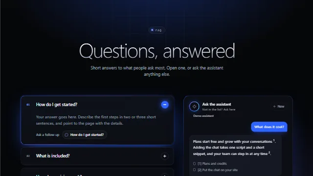 Preview of the Dark FAQ with glowing accordion and chat chat template