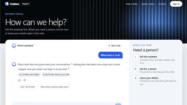Preview of the Support portal page chat template