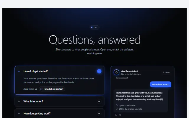 Preview of the Dark FAQ with glowing accordion and chat chat template